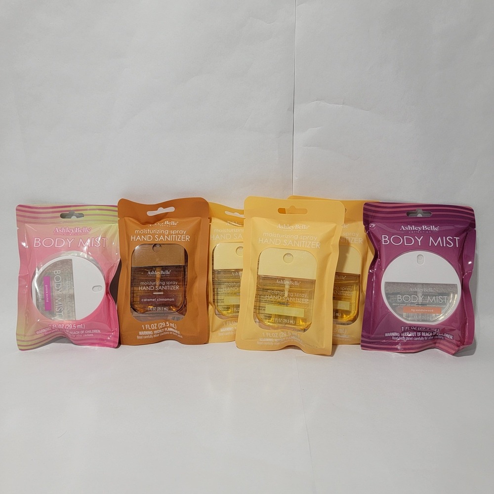 Ashley Belle 6pc Hand Sanitizer Body Mist Set Vanilla Caramel Fig Guava 1oz